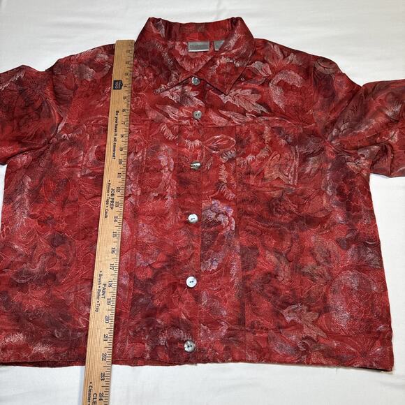 Chicos 3 Womens XL Jacket Silk Blend Blazer Red Metallic Floral Button Front EUC - Picture 6 of 14
